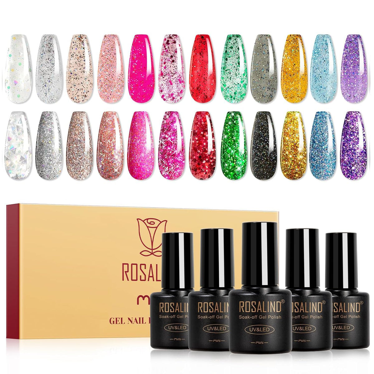 ROSALIND front packaging showing 12 glitter gel colors and variety benefits