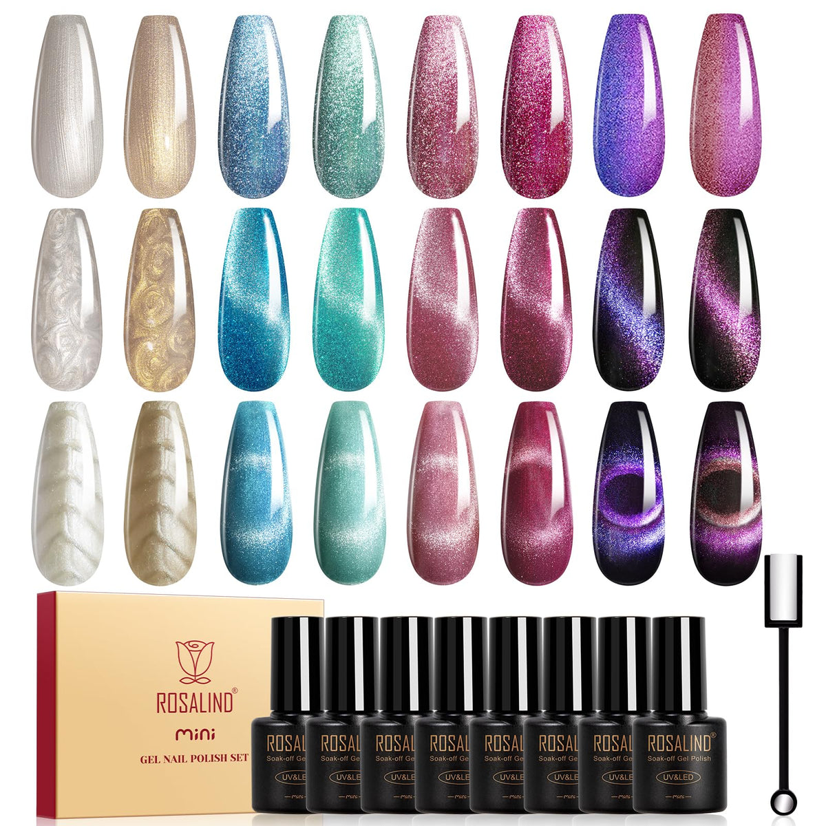 ROSALIND front packaging showing 8-color cat eye set benefit visual variety