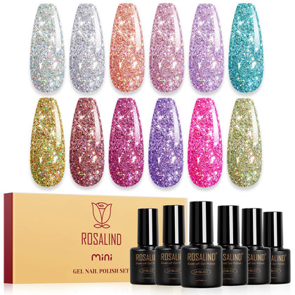 ROSALIND front packaging glitter set showing all 12 bottles and sparkle appeal