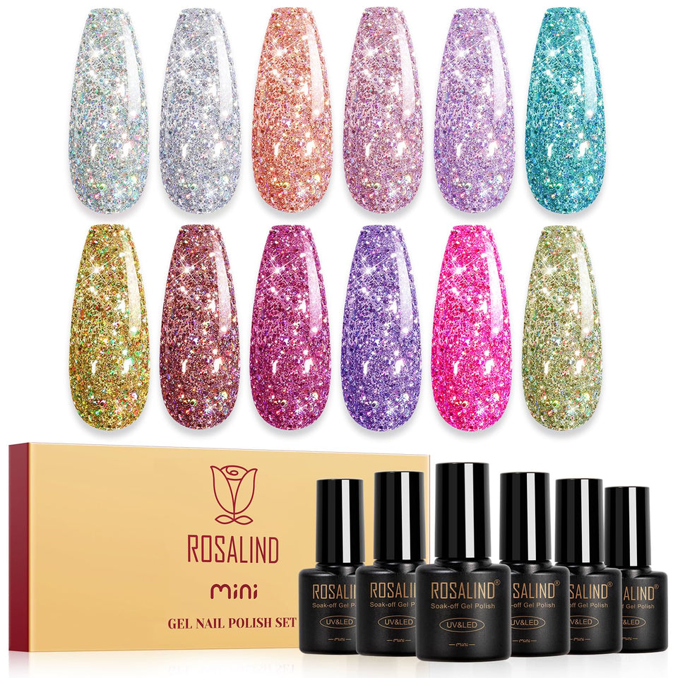 ROSALIND front packaging glitter set showing all 12 bottles and sparkle appeal