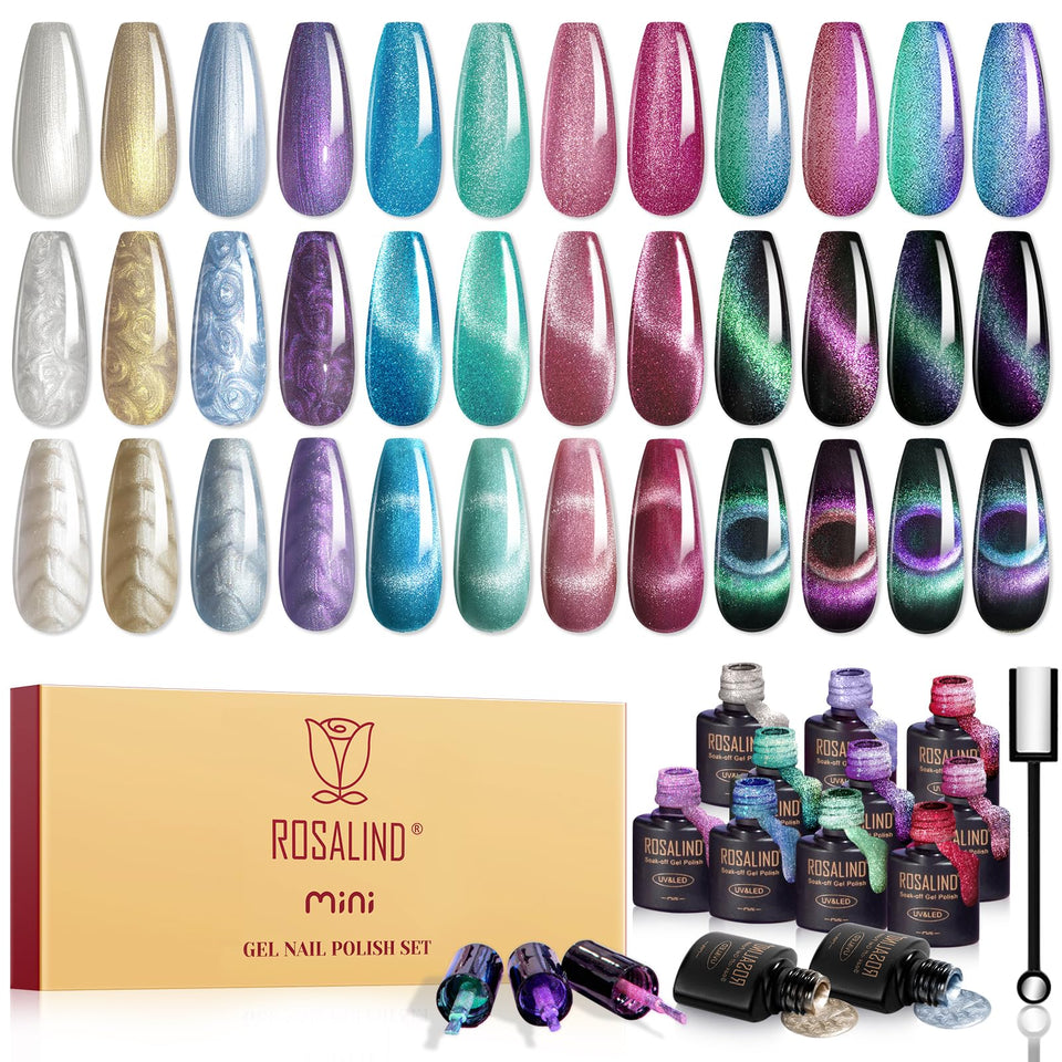 ROSALIND front packaging showing 12 mini cat eye gel bottles and magnet for versatile looks