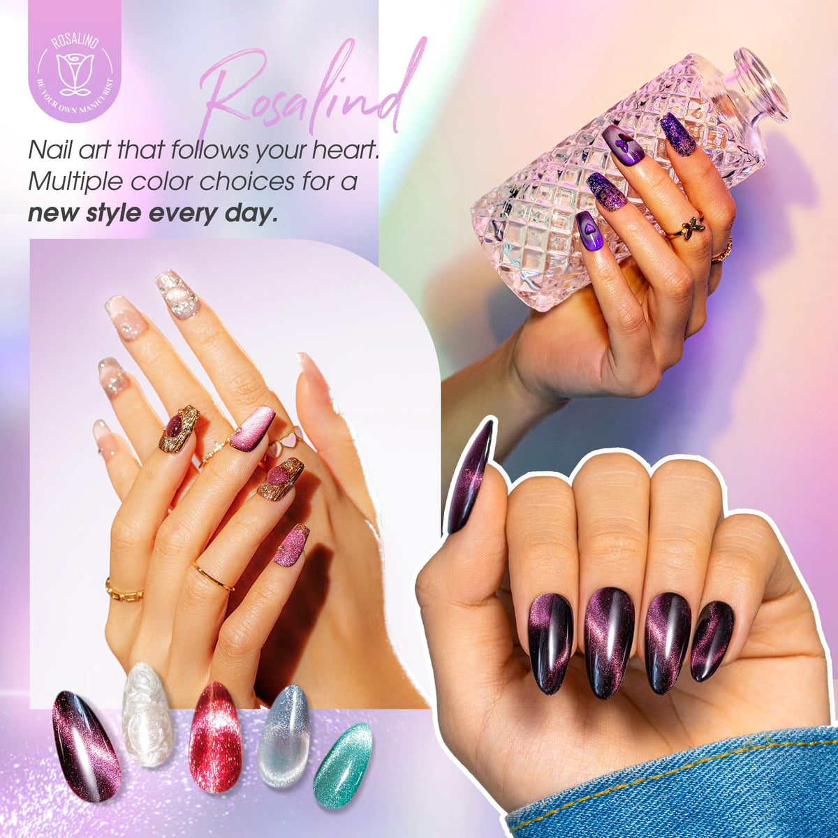 ROSALIND blue galaxy nail swatch showing holographic depth and shimmer