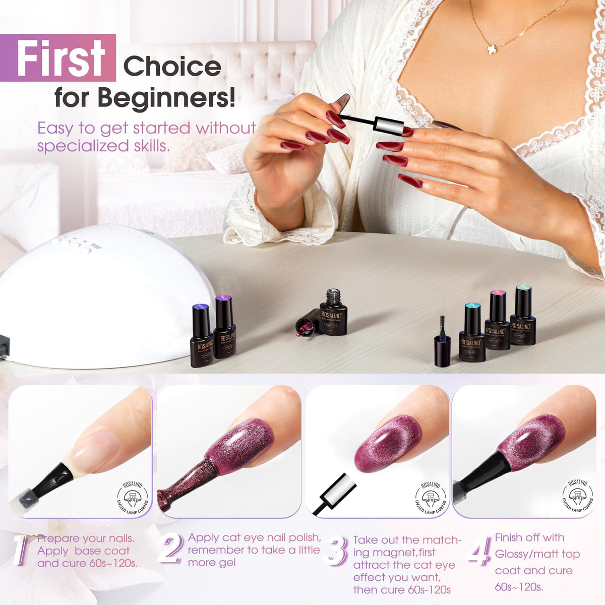 ROSALIND bottle beside hand to show size and portability for travel-friendly gel nails