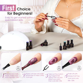 ROSALIND bottle beside hand to show size and portability for travel-friendly gel nails