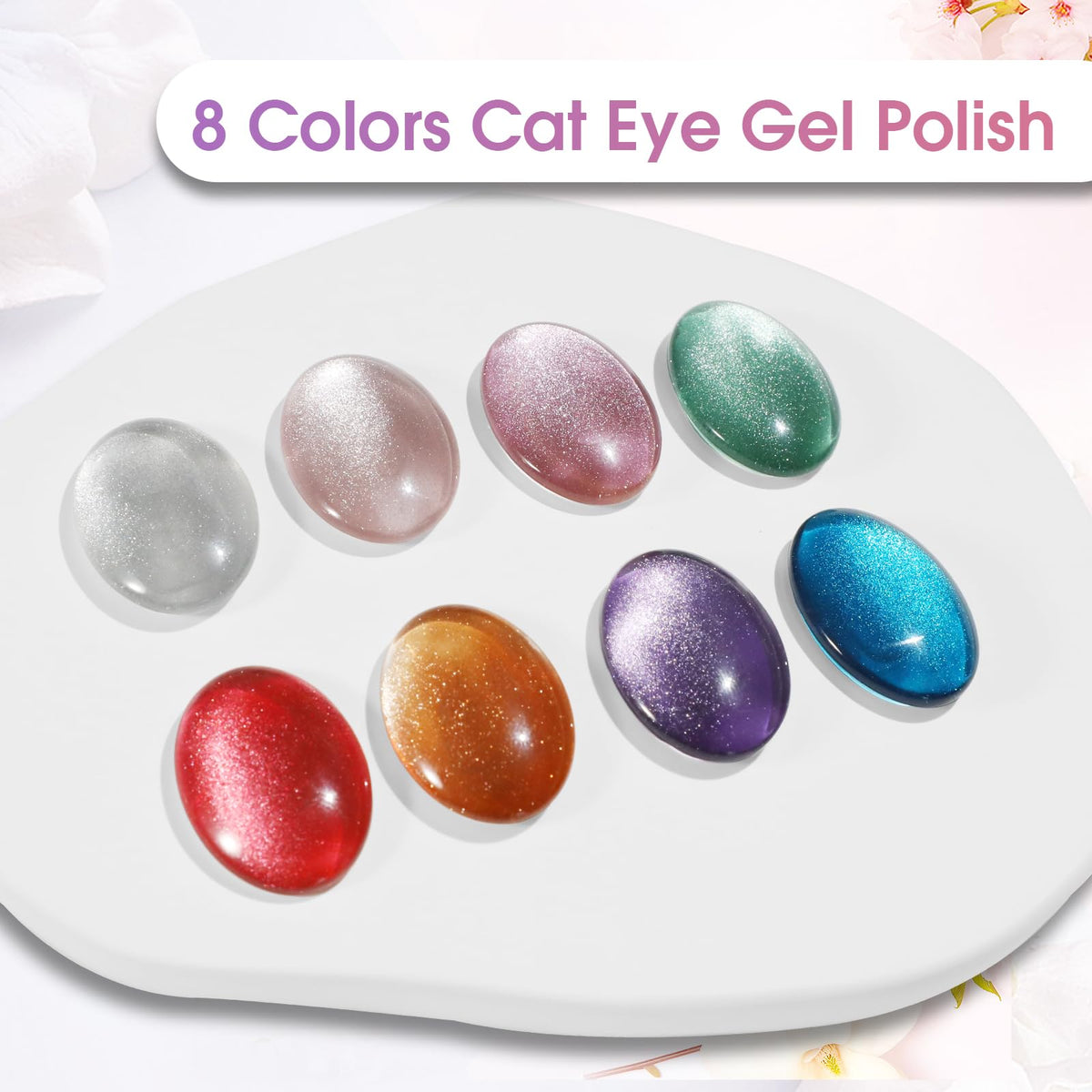 ROSALIND color swatch fan displaying eight distinct cat eye glitter shades for choices