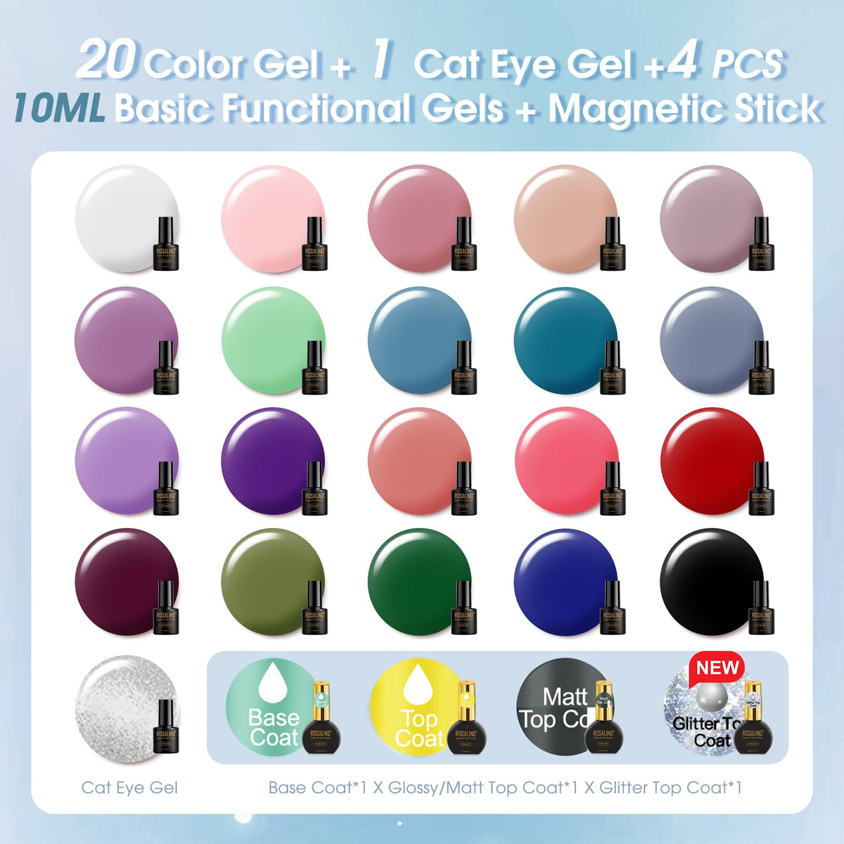 ROSALIND trio of 10mL top coats lined up to show glossy matte and glitter finish options