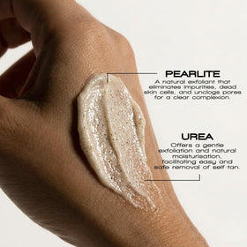 Rose & Caramel applied on leg demonstrating fast tan removal benefit