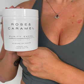 Rose & Caramel product in use on arm, effective fast tan erasing benefit