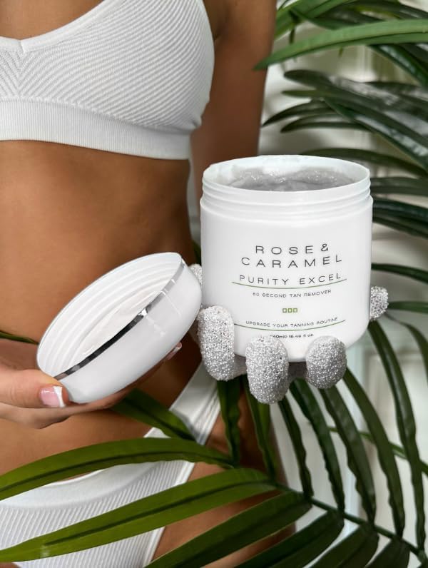 Rose & Caramel in bathroom scene showing easy at-home tan prep benefit