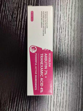 Roseblem ingredient label highlighting arbutin and tranexamic acid benefits