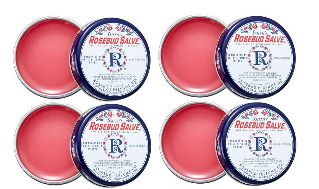 Rosebud Perfume Smith's Rosebud Salve front tin showing label for easy identification and convenience