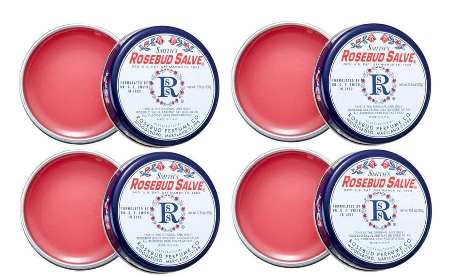 Rosebud Perfume Smith's Rosebud Salve front tin showing label for easy identification and convenience