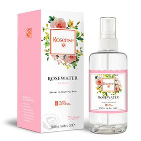 Rosense glass bottle front view showing label and size, highlights purity