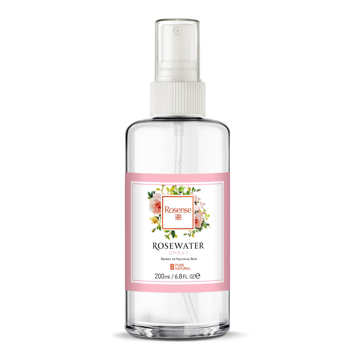 Rosense rosewater spray pump close-up emphasizing fine mist delivery