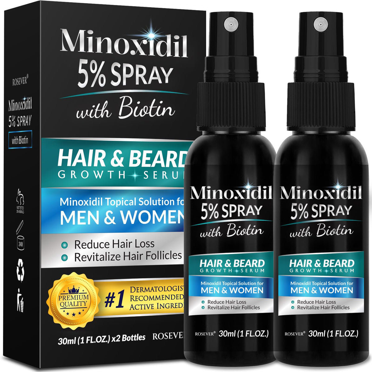 Rosever front packaging showing two 5% minoxidil spray bottles and brand, clear product identity and convenience