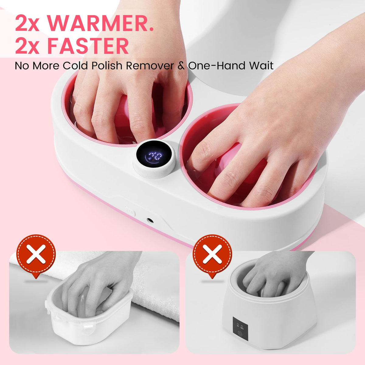 Rosiour heated remover liquid inside bowl demonstrating faster soak benefit
