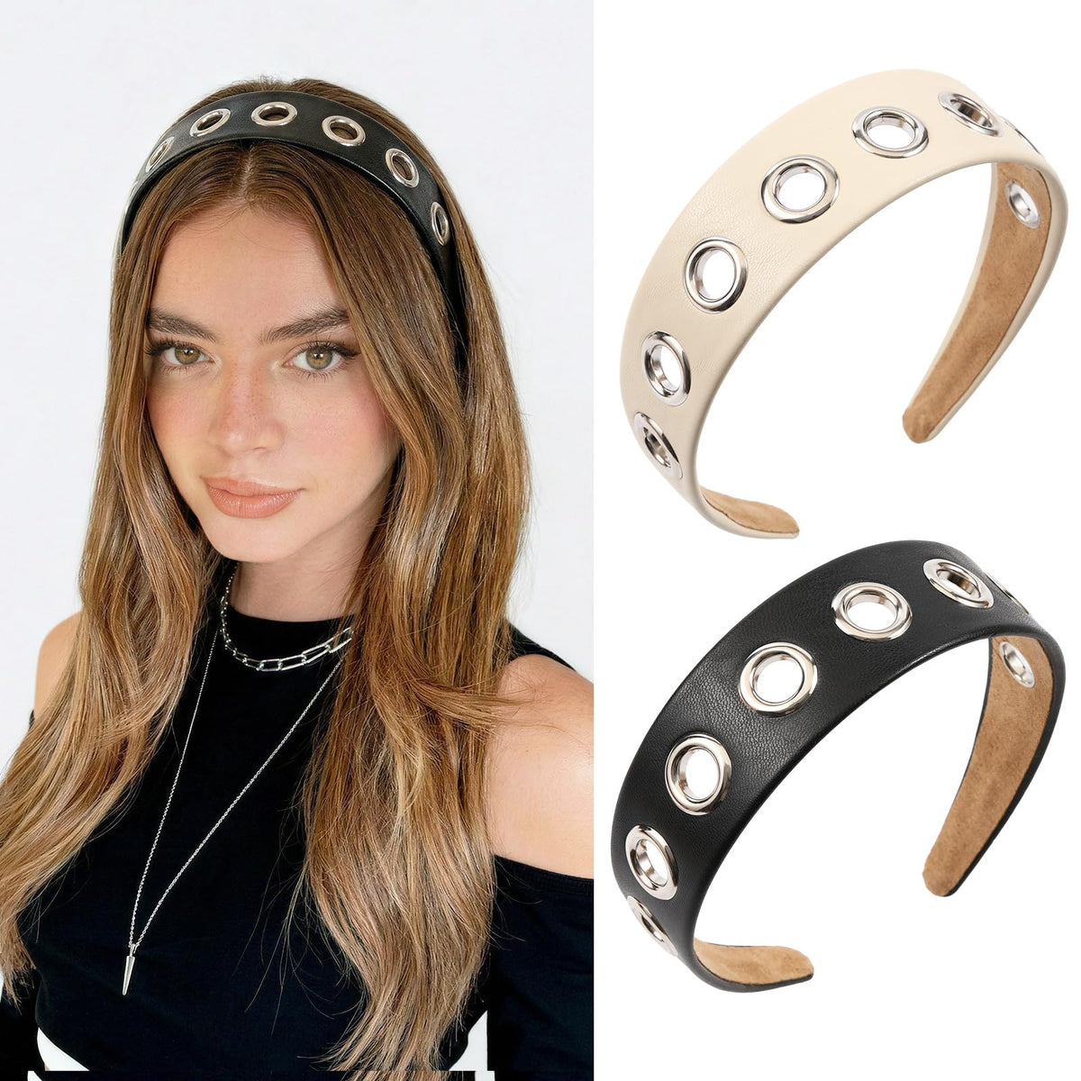 Rosivyphan headband front view showing both black and beige bands and versatile styling