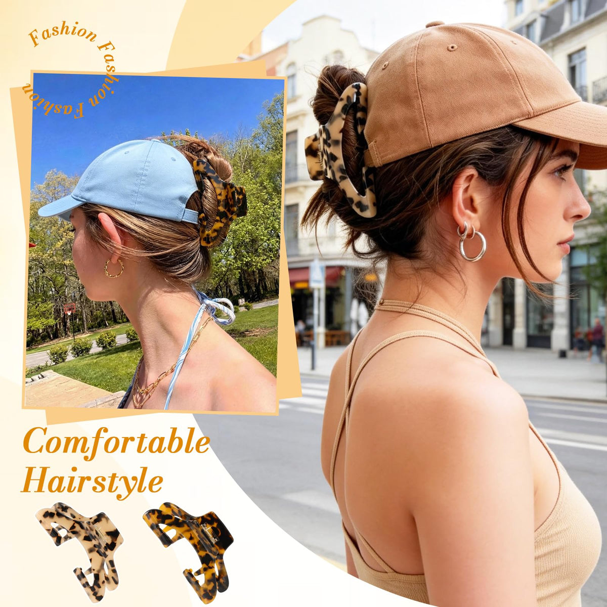 Rosivyphan clip securing a messy bun while wearing a trucker hat benefit: strong hold during activity