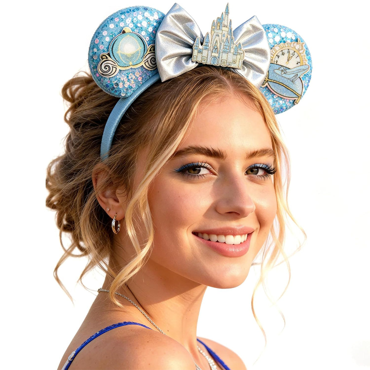 Rostonyra blue sequin headband front view showing castle bows and sparkle, perfect for parties