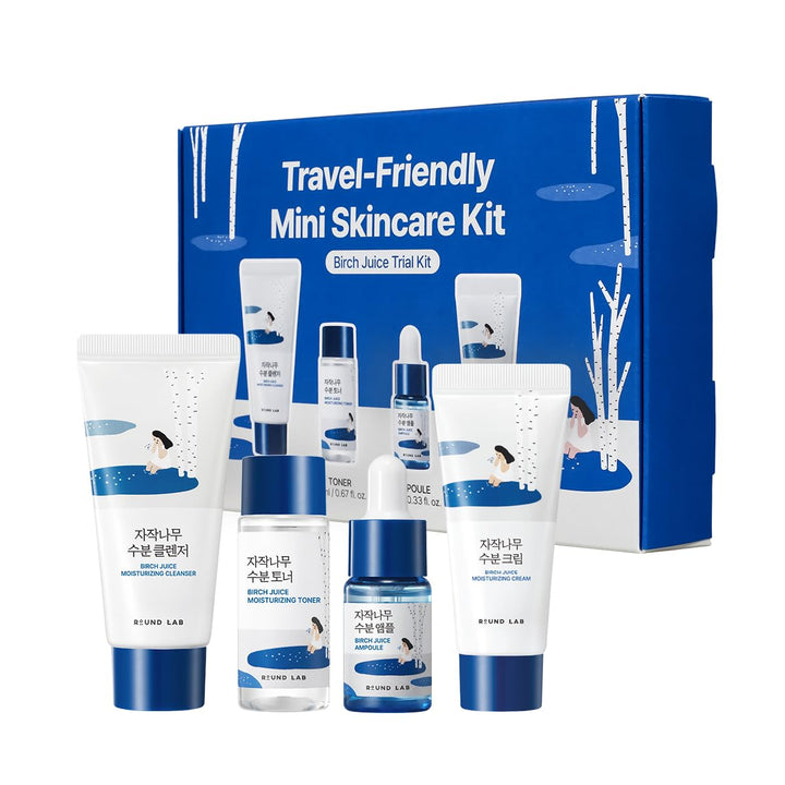 ROUND LAB front packaging of mini Birch Juice kit showing compact travel-friendly set and convenience