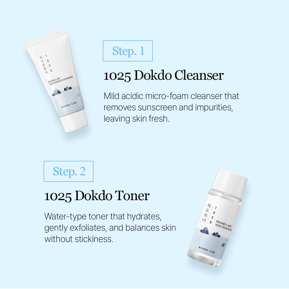 ROUND LAB Dokdo ampoule drop on fingertip showing concentrated moisture benefit