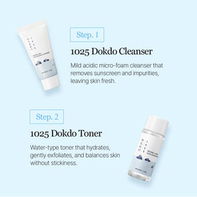 ROUND LAB Dokdo ampoule drop on fingertip showing concentrated moisture benefit