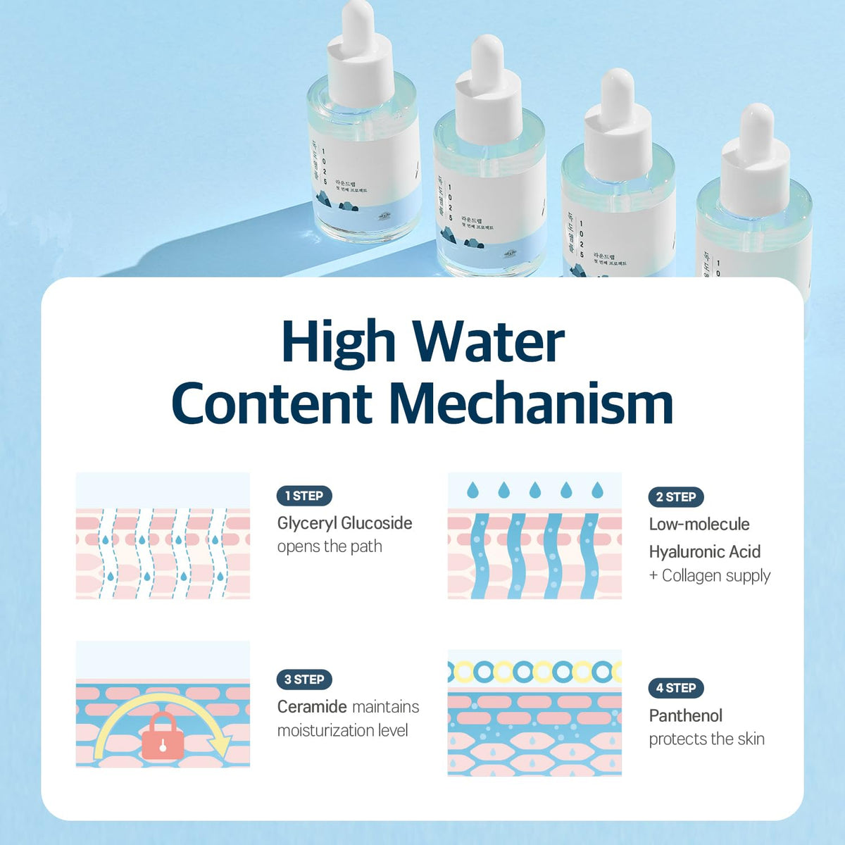 ROUND LAB Dokdo ampule ingredients label close-up showing hyaluronic acid focus and clarity benefit