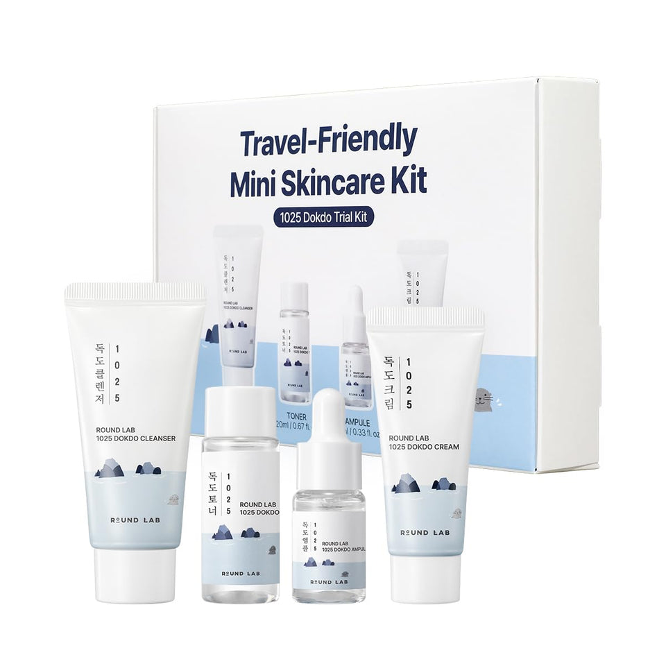 ROUND LAB Dokdo mini kit front packaging showing compact travel set benefits