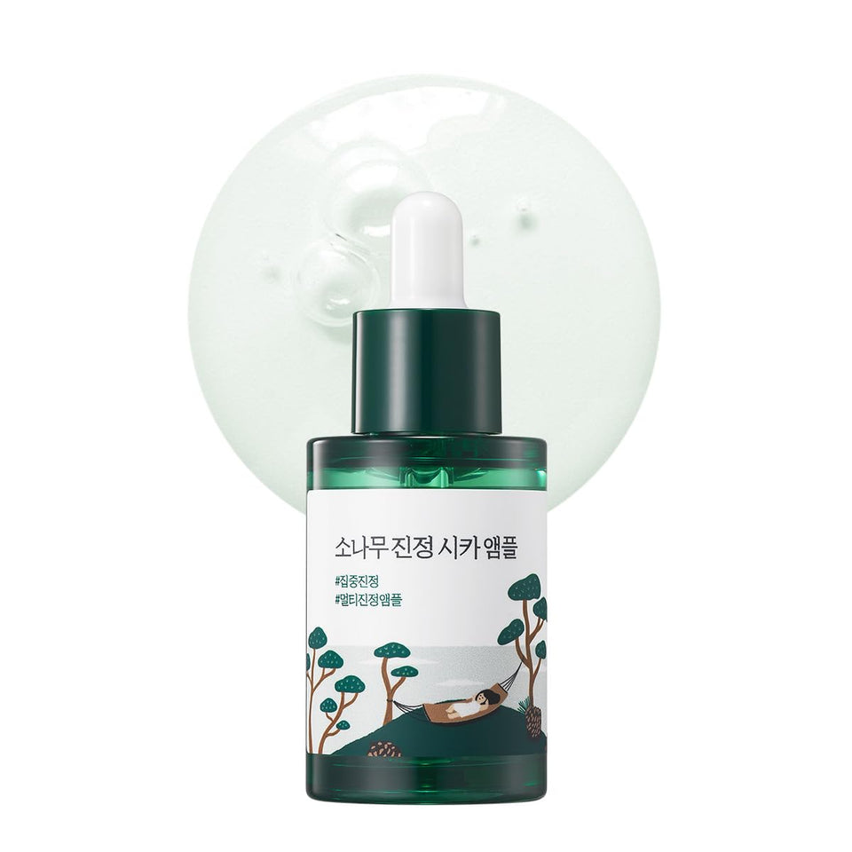 ROUND LAB front bottle view showing calming ampoule packaging and clear formula