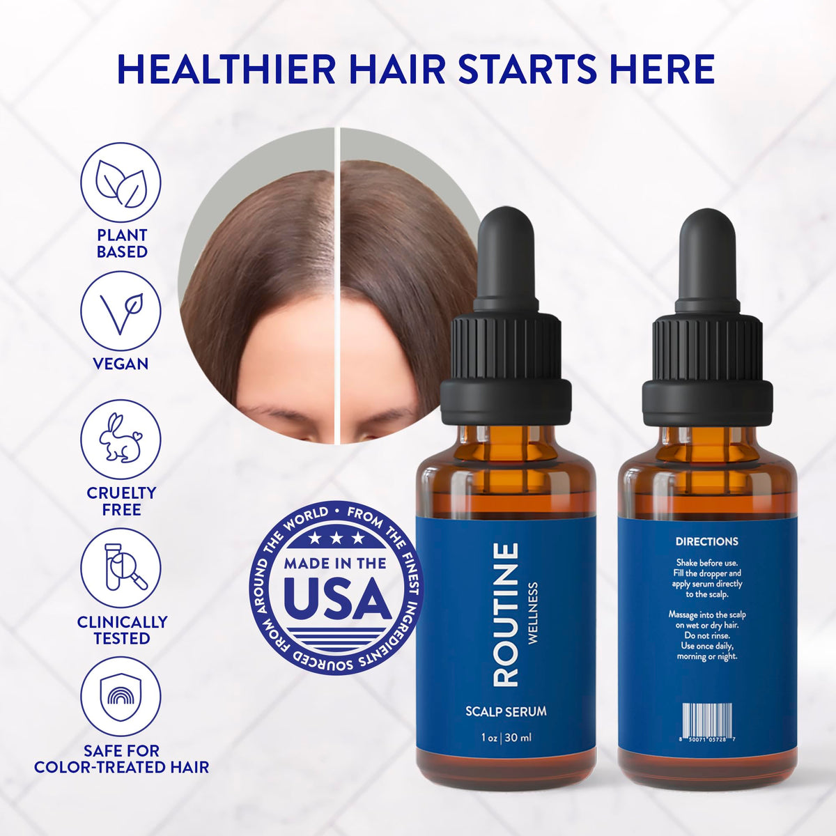 Routine Wellness styled before-and-after visual concept, suggests fuller-looking hair