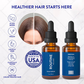 Routine Wellness styled before-and-after visual concept, suggests fuller-looking hair
