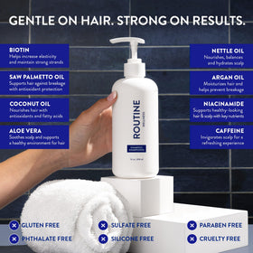 Routine Wellness close-up label highlighting biotin, DHT blocker, and sulfate-free formula