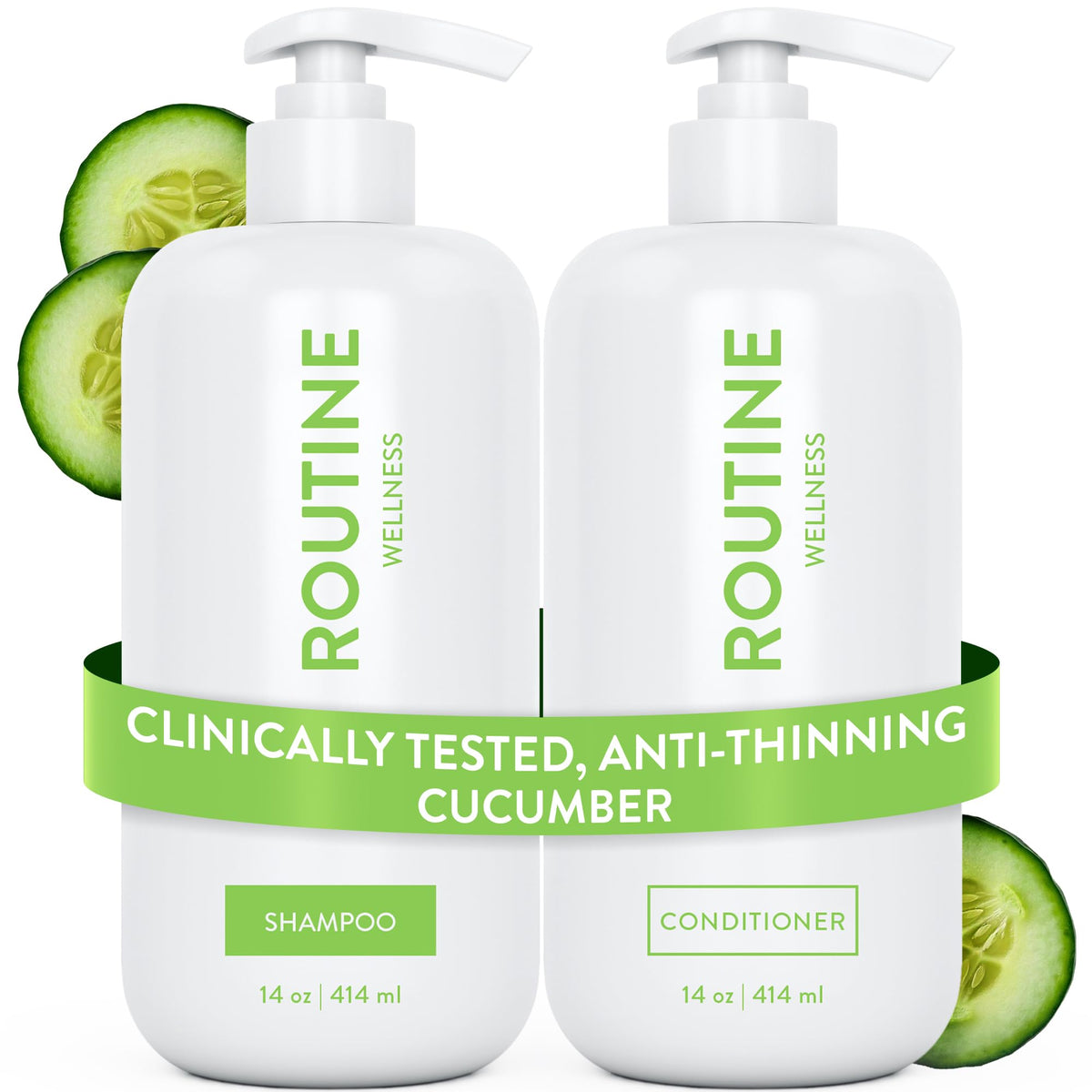 Routine Wellness front packaging showing cucumber set and volumizing benefit