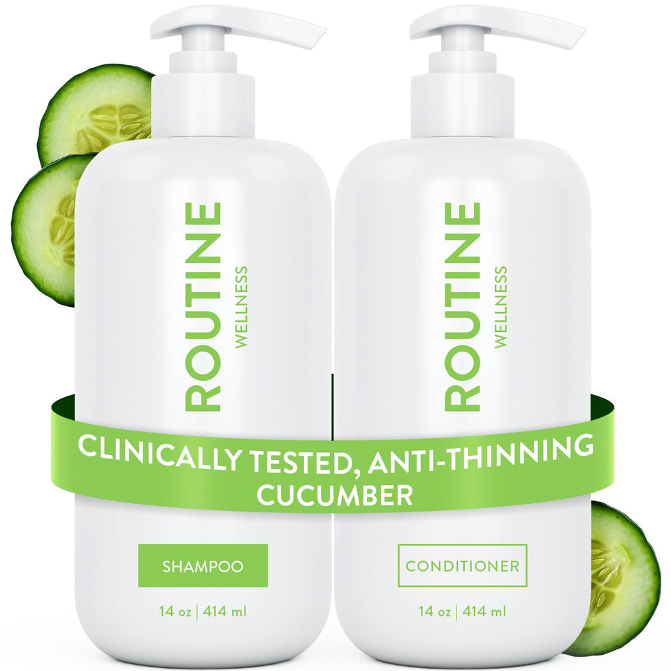 Routine Wellness front packaging showing cucumber set and volumizing benefit