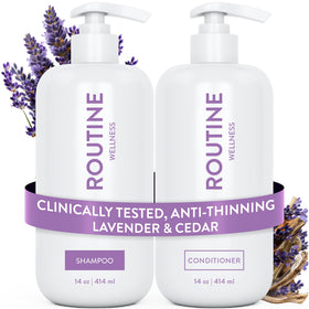 Routine Wellness front packaging lavender cedar set showing clean design and volumizing benefit
