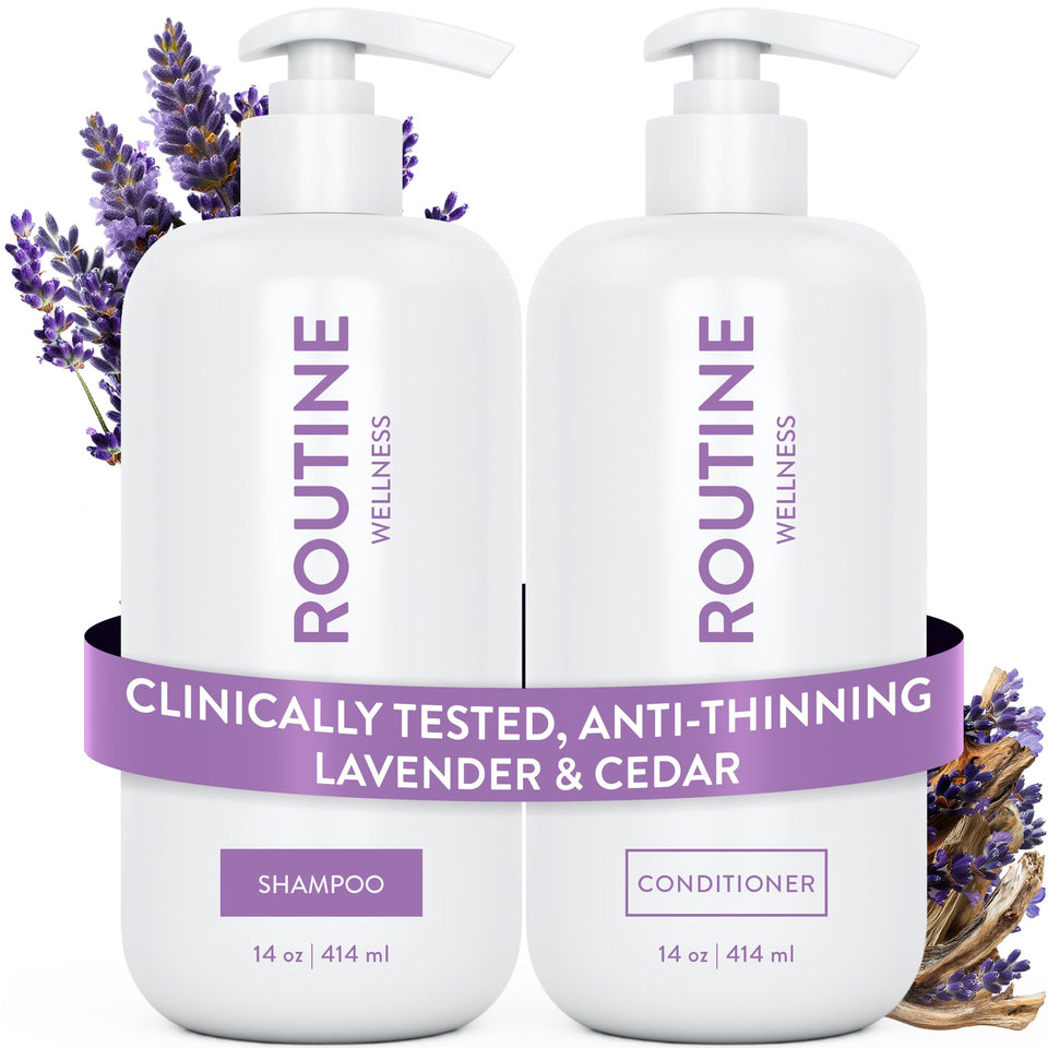 Routine Wellness front packaging lavender cedar set showing clean design and volumizing benefit