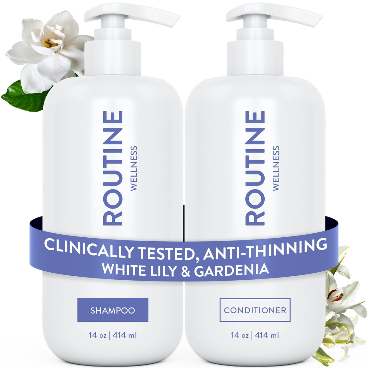 Routine Wellness front packaging showing white lily gardenia scent and volumizing benefit