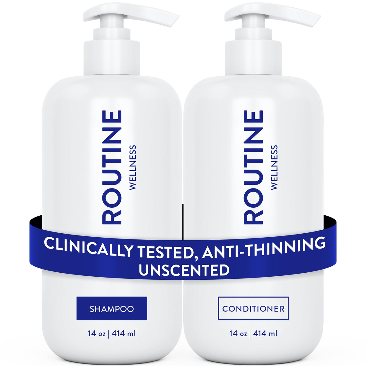 Routine Wellness front packaging showing shampoo and conditioner for fuller-looking hair and confidence