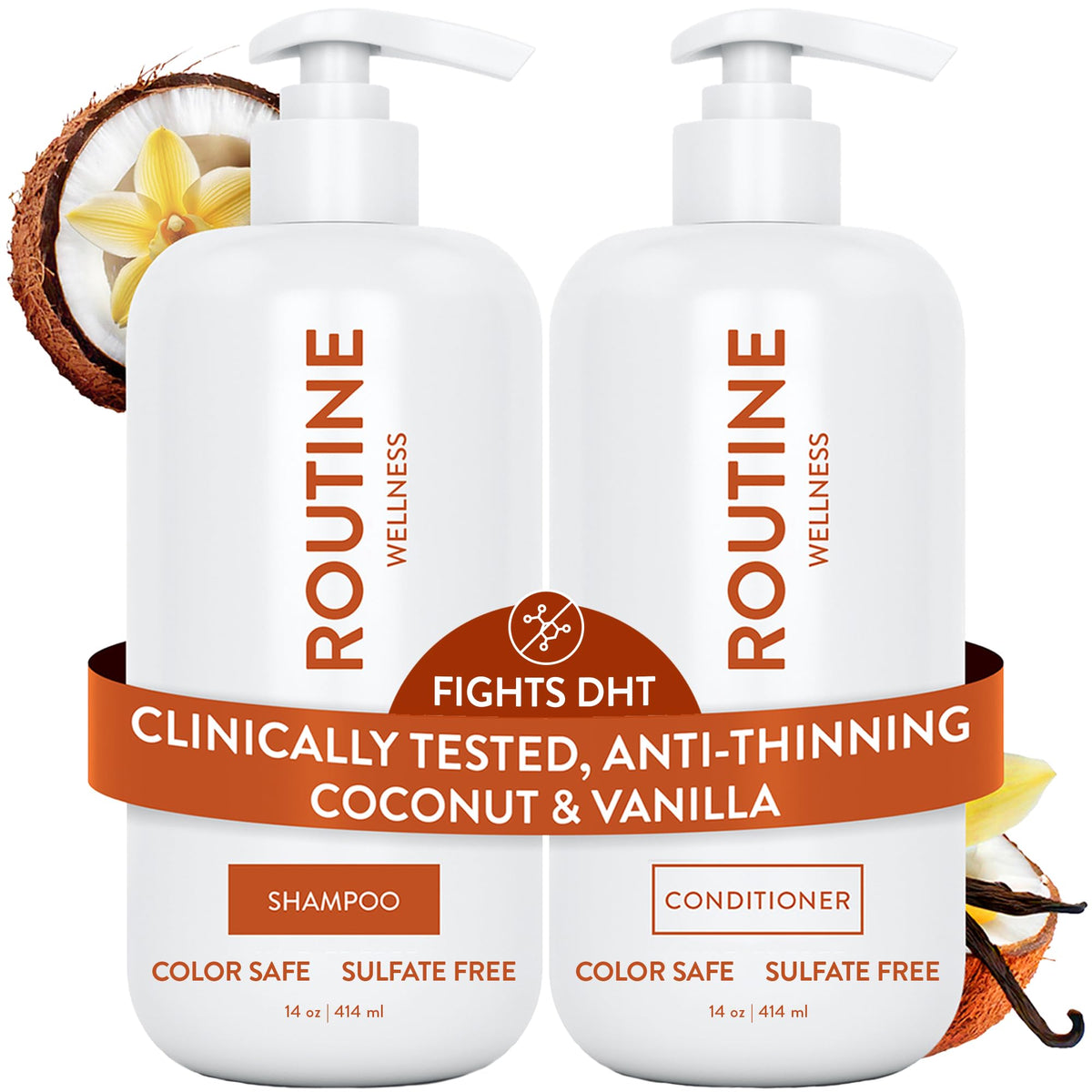 Routine Wellness front packaging showing the duo and coconut-vanilla scent for fuller hair
