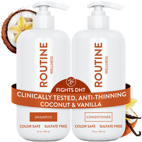 Routine Wellness front packaging showing the duo and coconut-vanilla scent for fuller hair