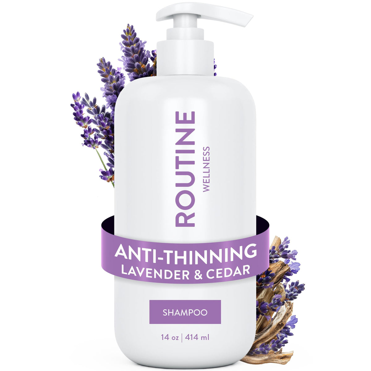 Routine Wellness front bottle view showing label and Lavender & Cedar scent benefit