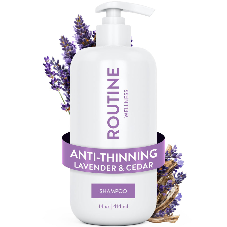 Routine Wellness front bottle view showing label and Lavender & Cedar scent benefit