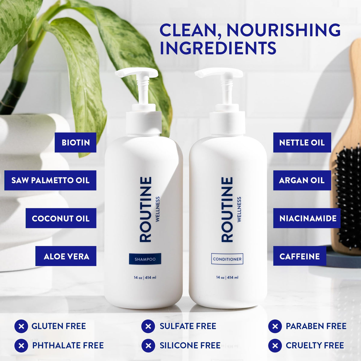 Routine Wellness ingredient collection of biotin saw palmetto and nettle for support