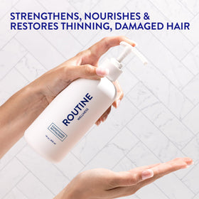 Routine Wellness pump close-up highlighting easy dispensing benefit