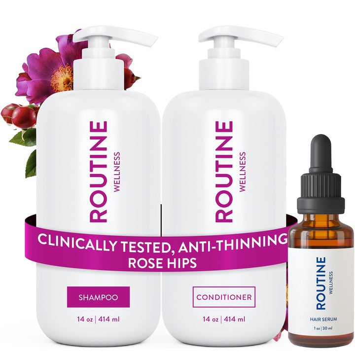 Routine Wellness front packaging showing trio and fuller-hair benefit