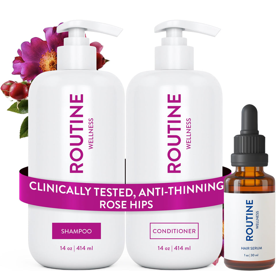 Routine Wellness front packaging showing trio and fuller-hair benefit