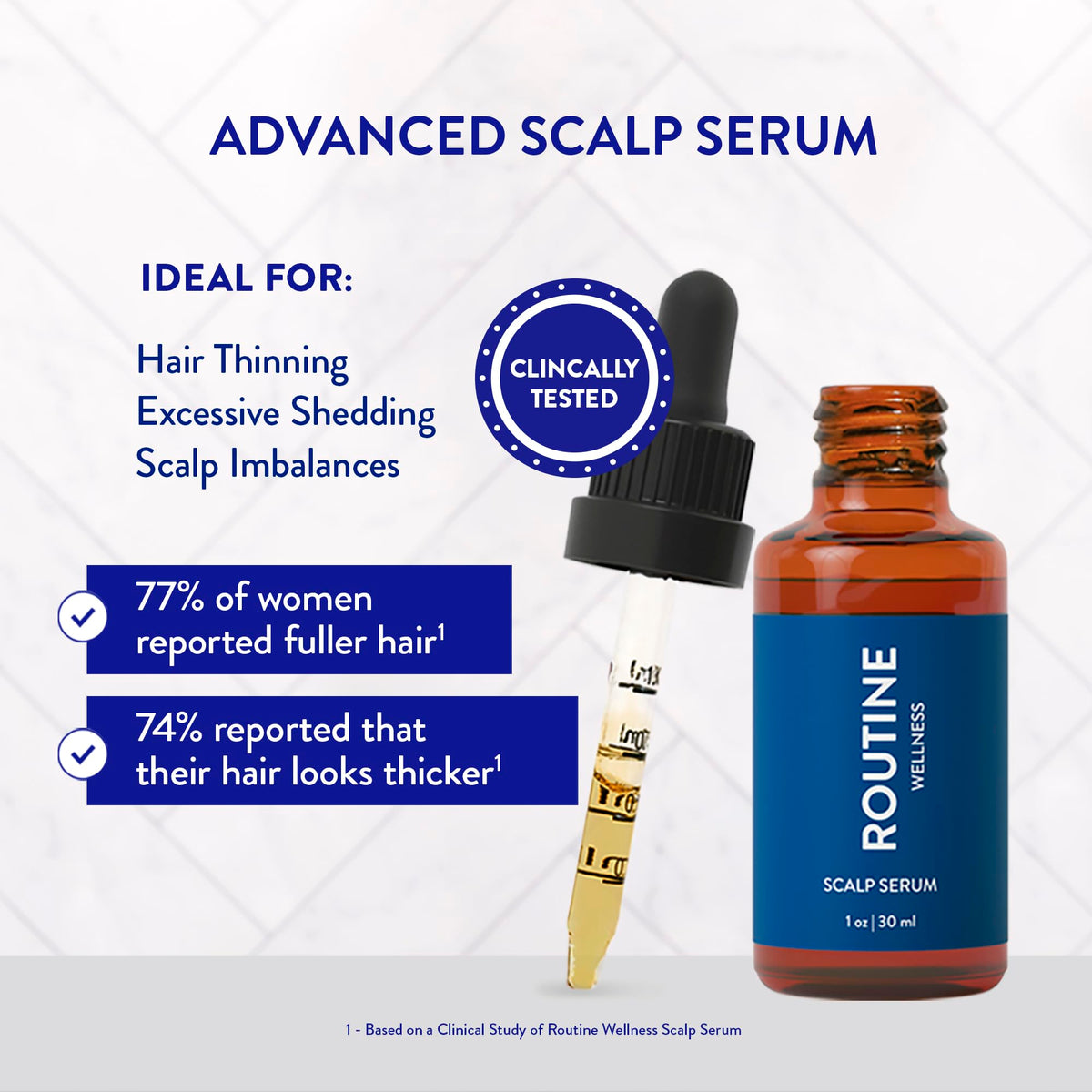 Routine Wellness scalp application in hand ready to apply, shows simple daily use