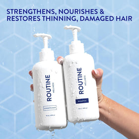 Routine Wellness shampoo bottle label close-up highlighting active ingredients and clarity