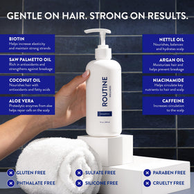 Routine Wellness shampoo lather in hand illustrating gentle cleansing