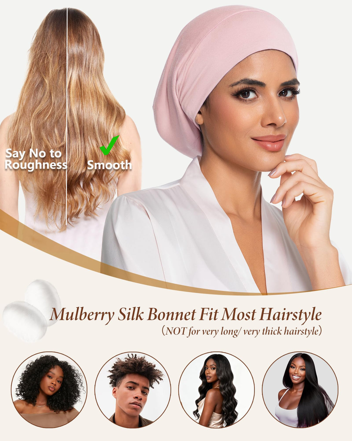 ROYBENS bonnet worn by model with curls showing preserved shape and reduced frizz